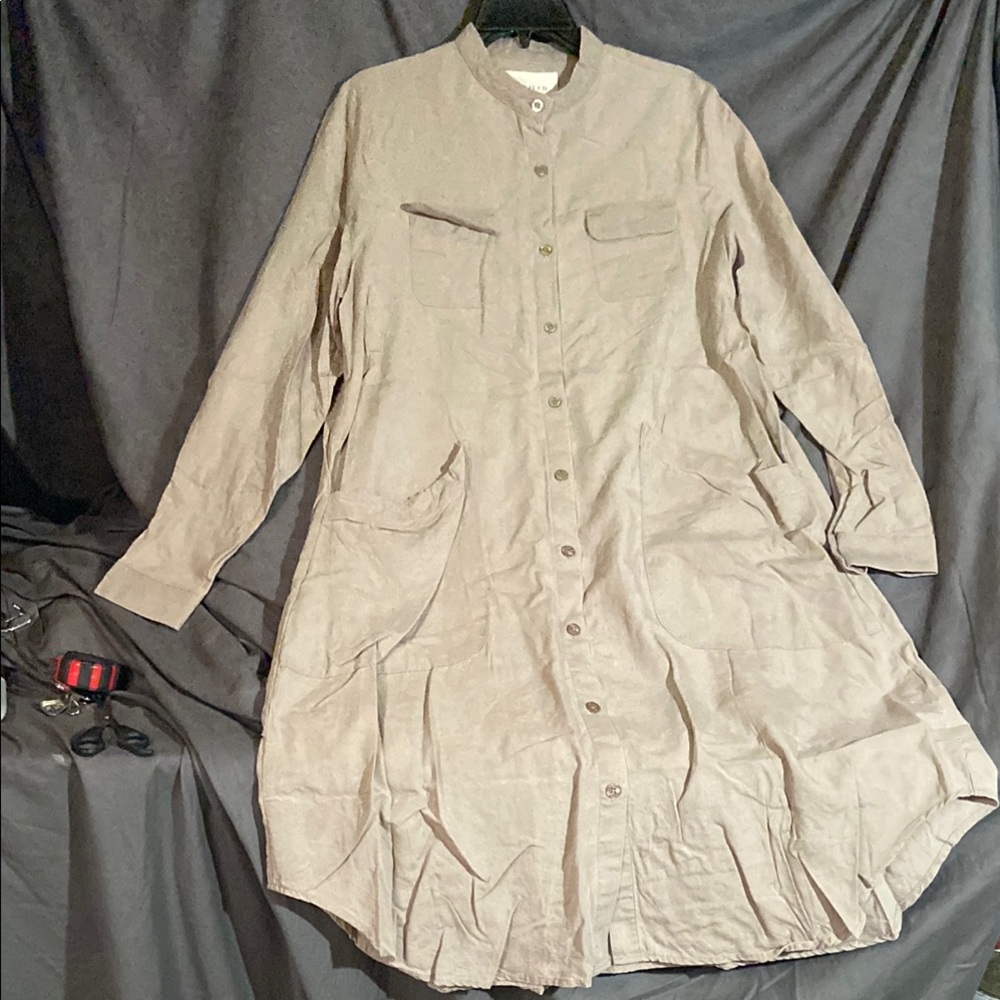 Veiled Linen-Cotton Long Sleeve Button-Down Dress M